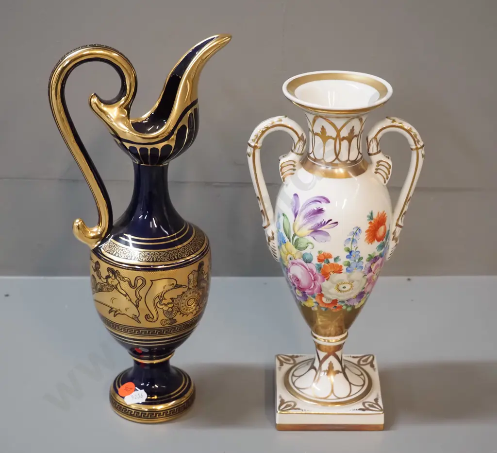 2 jug vases - Dresden Germany floral and a gilt and cobalt design made in Greece H-310 Image 1++