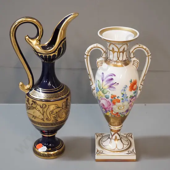2 jug vases - Dresden Germany floral and a gilt and cobalt design made in Greece H-310
