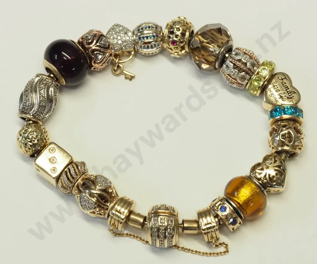 Modern 10ct yellow gold Michael Hill / Emma & Roe charm bracelet with safety chain, length 20cm - valuation in office Image 1++