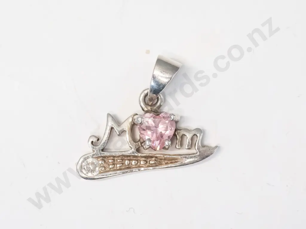silver necklace 'mum with pink stone stamped 925 - no chain Image 1++