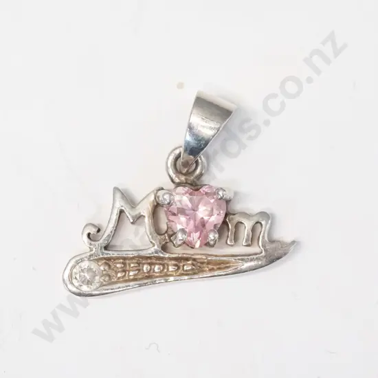 silver necklace 'mum with pink stone stamped 925 - no chain