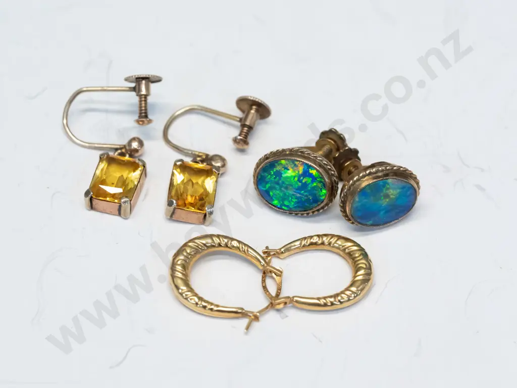 pair amber earrings & pair of opal earrings both stamped 9ct screw on & pair of gold hoop earring stamped 375 Image 1++
