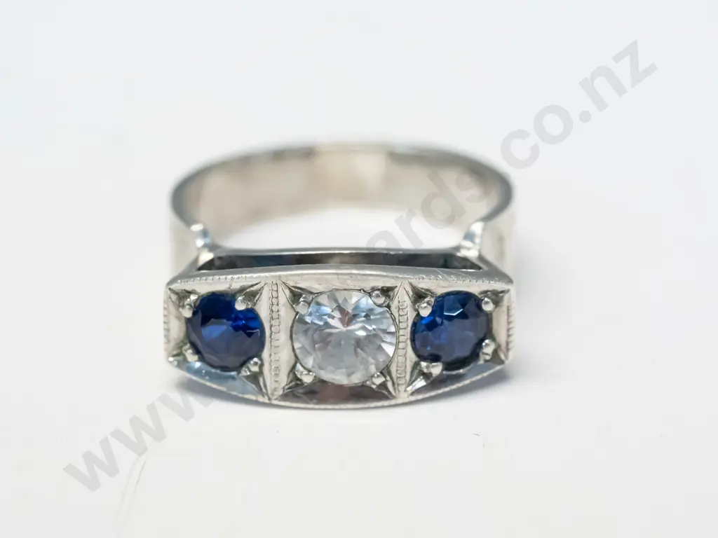 siver ring with cz & blue stones stamped stg sil Image 1++