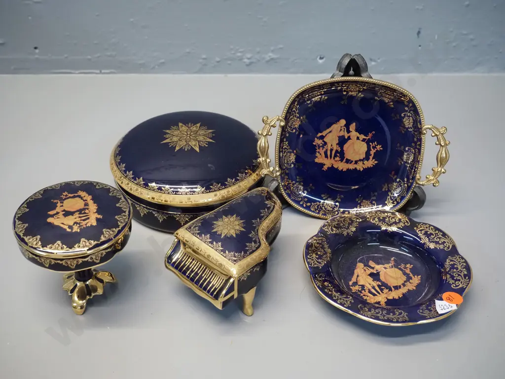 5 pieces of cobalt and gold Limoges china - 2 dishes, 3 lidded trinkets, largest is D-140 Image 1++