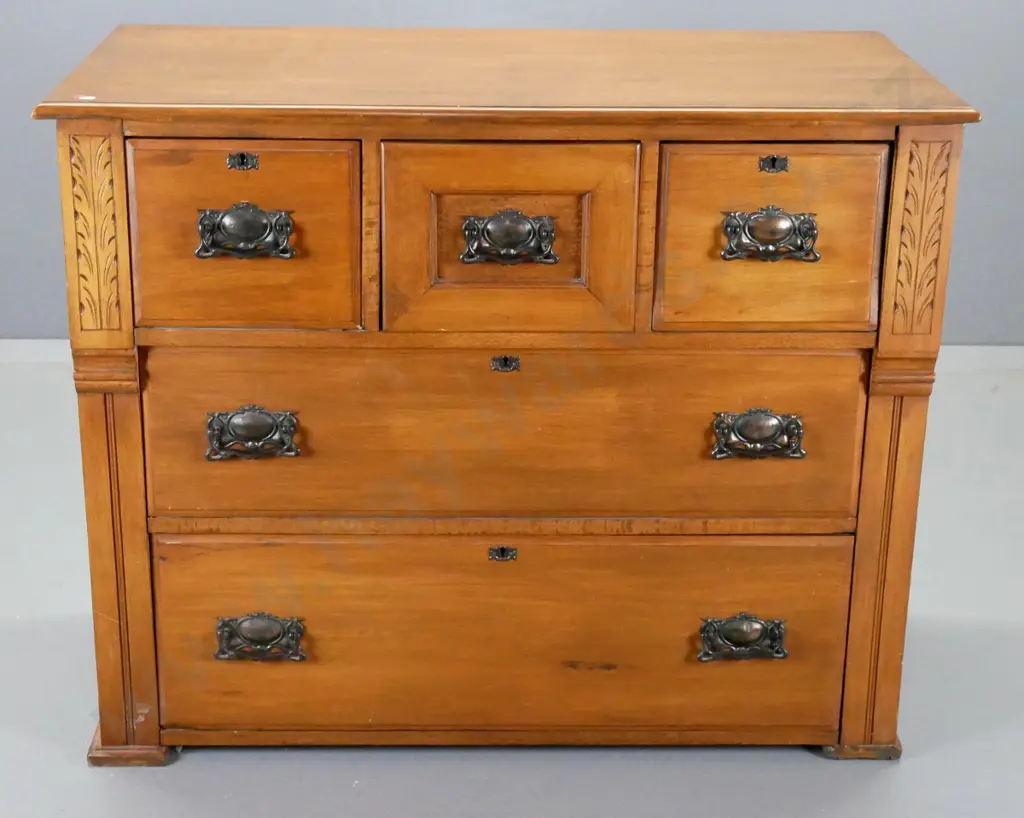 vintage kauri 5-drawer chest with deco drop handles, key escutcheons, carved detail. splits to joints on top and one end Image 1++