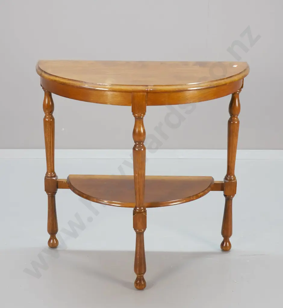 mahogany half-round hall table with lower shelf and turned legs - polish needs attention H-720 W-720 D-350 Image 1++