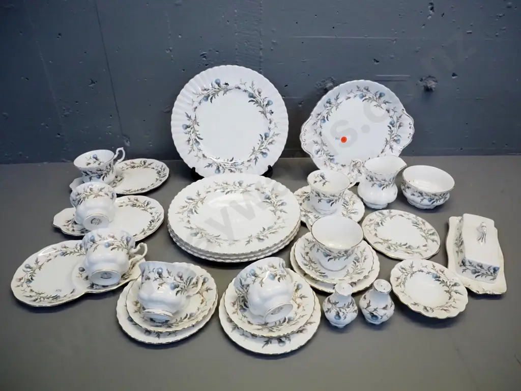 large collection of Royal Albert "Brigadoon" tea and table ware including 3 tennis sets, 4 dinner plates, 3 trios, Image 1++