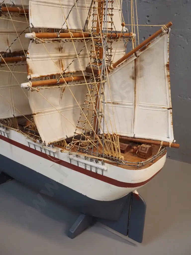 fully rigged timber model ship - rust and discolouration to fabric sails H-850 L-800 Image 1++