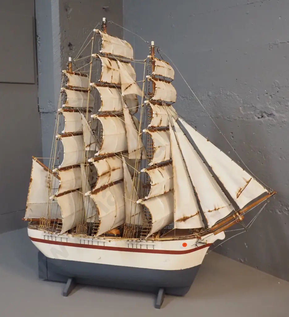 fully rigged timber model ship - rust and discolouration to fabric sails H-850 L-800 Image 1++