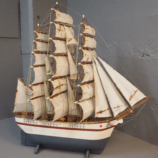 fully rigged timber model ship - rust and discolouration to fabric sails H-850 L-800