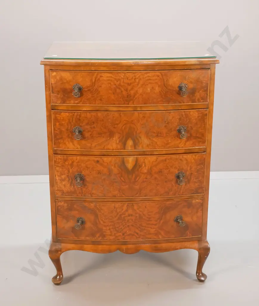 reproduction burr walnut veneer & mahogany bow-front 4-drawer chest with glass top - some veneer bubbling & small chips Image 1++