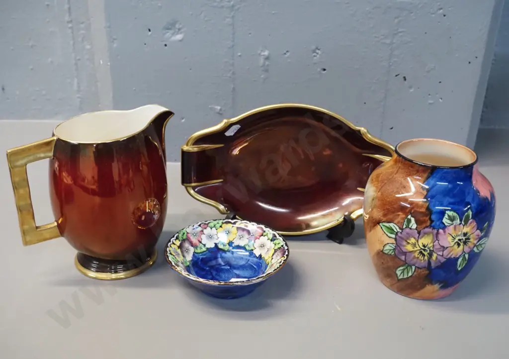 4 pieces of English china - Tunstall viola vase, Maling small dish and 2 pieces Carlton Rouge Royale, jug is H-140 Image 1++