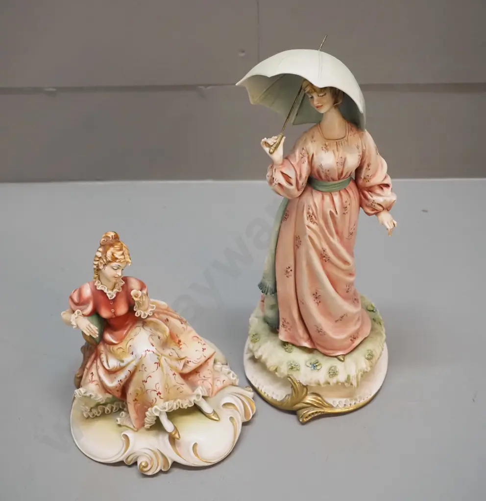 2x "A. Borsato" Italian porcelain figurines - woman with umbrella H-280 and sitting woman Image 1++