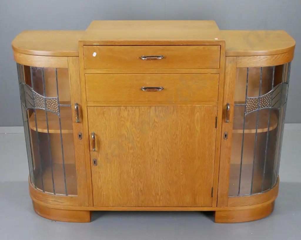 deco oak china cabinet / sideboard with rounded leadlight doors, timber centre door, 2 drawers, chrome and bakelite Image 1++