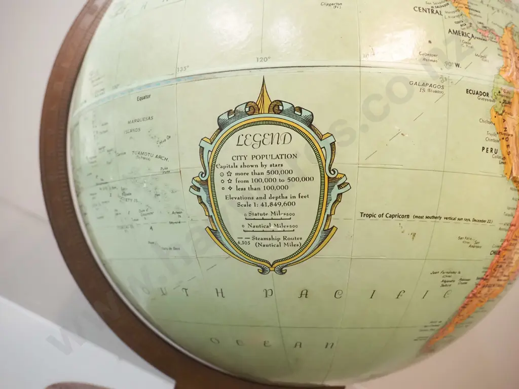 Replogle USA world globe with copper finish metal stand on timber base, some rubbing to globe H-380 D-320 Image 1++