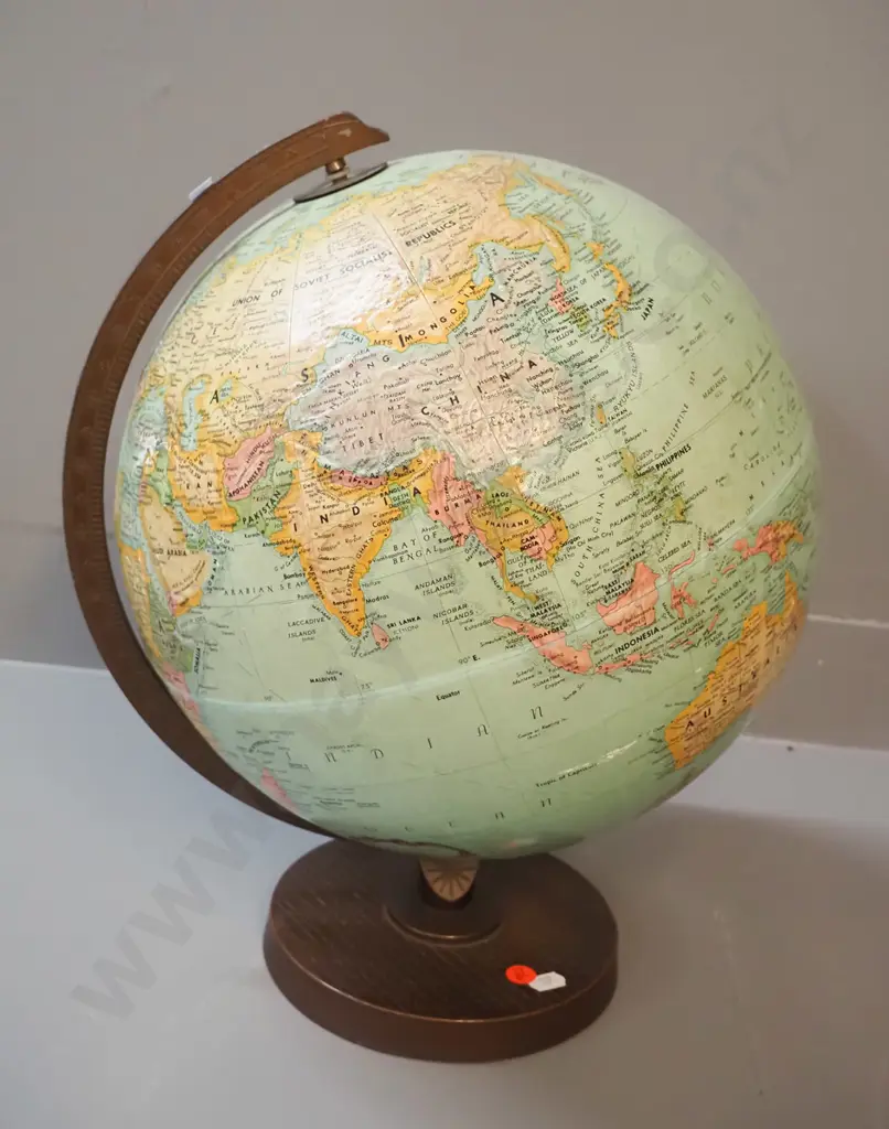 Replogle USA world globe with copper finish metal stand on timber base, some rubbing to globe H-380 D-320 Image 1++