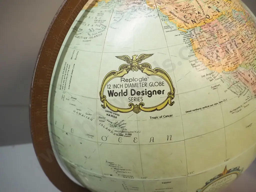 Replogle USA world globe with copper finish metal stand on timber base, some rubbing to globe H-380 D-320 Image 1++