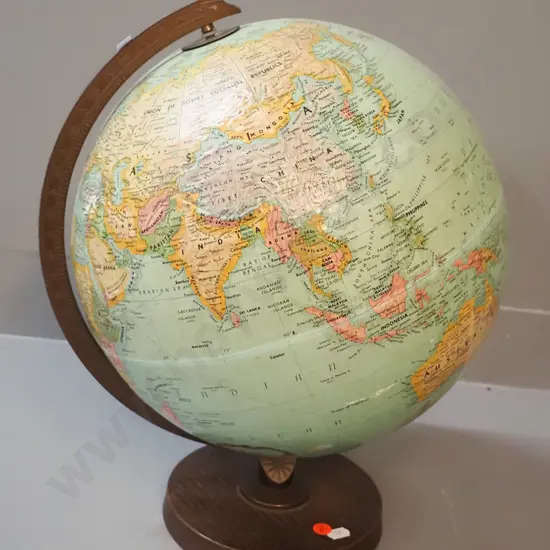 Replogle USA world globe with copper finish metal stand on timber base, some rubbing to globe H-380 D-320