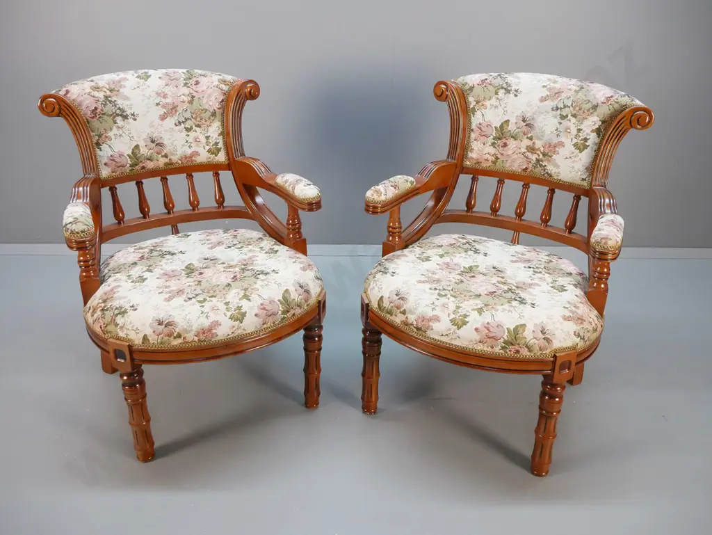 contemporary traditional style mahogany framed spindle back lounge chairs with floral tapestry H-900 W-660 D-570 Image 1++