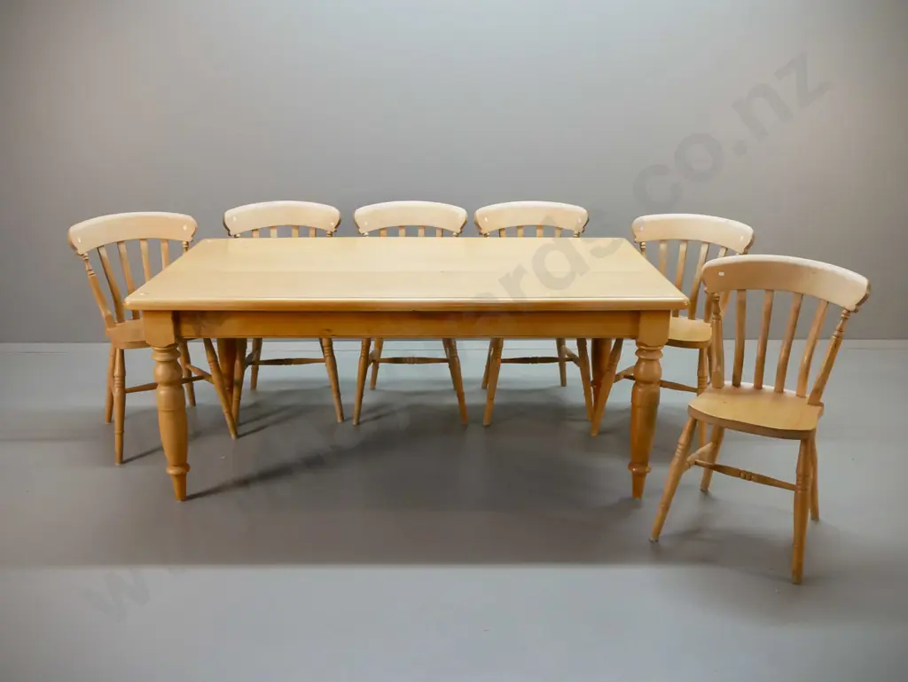 turned leg kauri table w/ 6 colonial style European beech chairs. Small split to table top H760 L1800 W980 Image 1++