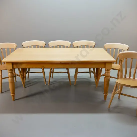 turned leg kauri table w/ 6 colonial style European beech chairs. Small split to table top H760 L1800 W980