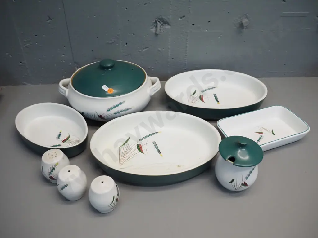 Denby Greenwheat oven & table ware including lidded casserole, 4 open baking dishes, jam pot, 3 shakers Image 1++