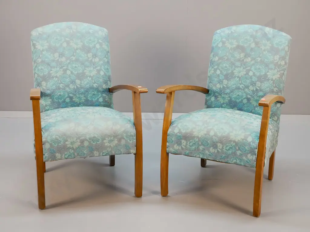 pair of mahogany framed small lounge chairs covered in retro turquoise brocade H-780 W-515 D-580 Image 1++