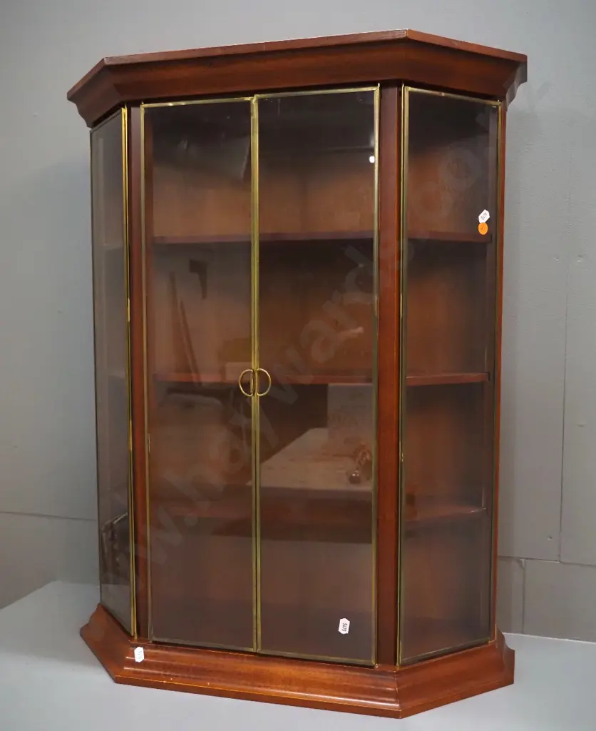 mahogany wall hanging display cabinet with brass framed glass doors and panels H-730 W-580 D-200 Image 1++