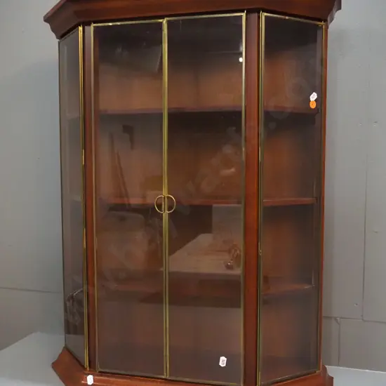 mahogany wall hanging display cabinet with brass framed glass doors and panels H-730 W-580 D-200