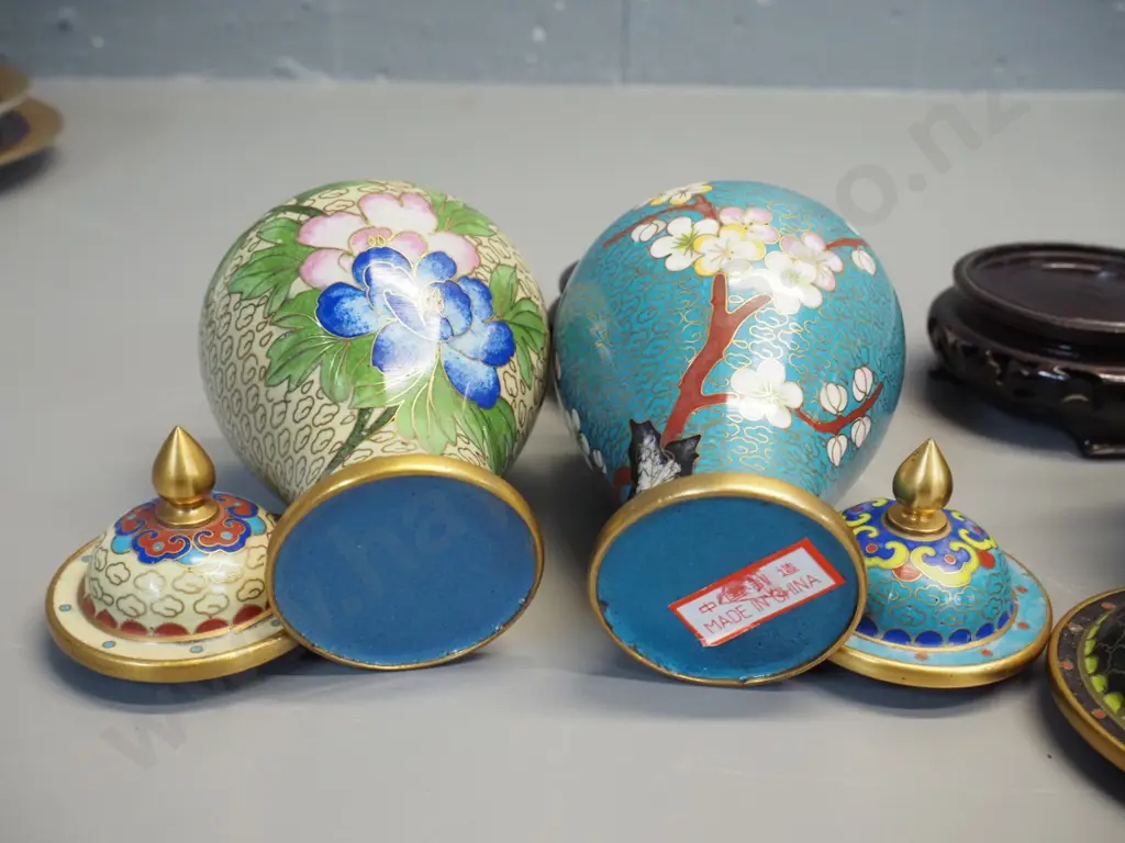 4 cloisonne small lidded urns / cover pots on wooden stands - 2 pairs of matching shapes, taller is H-140 without stand Image 1++