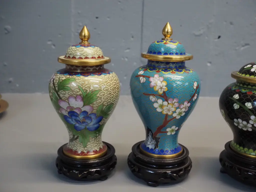 4 cloisonne small lidded urns / cover pots on wooden stands - 2 pairs of matching shapes, taller is H-140 without stand Image 1++