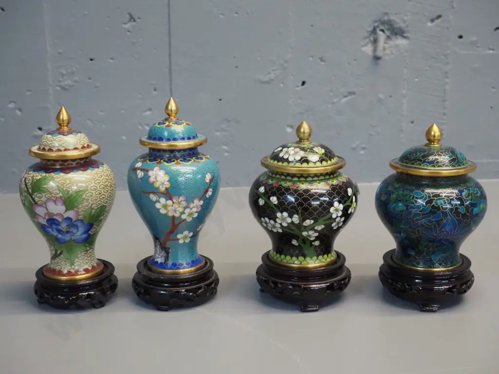 4 cloisonne small lidded urns / cover pots on wooden stands - 2 pairs of matching shapes, taller is H-140 without stand Image 1++