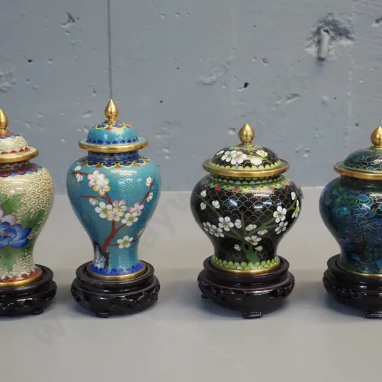 4 cloisonne small lidded urns / cover pots on wooden stands - 2 pairs of matching shapes, taller is H-140 without stand