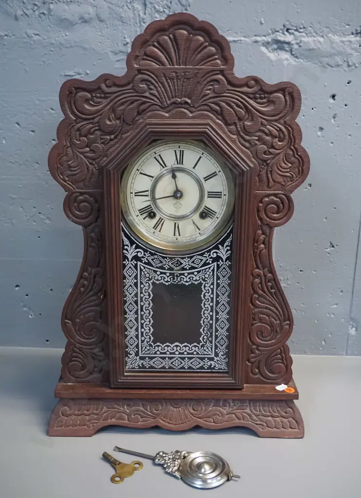 vintage Ansonia mantel clock in carved wooden case, with pendulum & key, in working order H-560 W-360 D-120 Image 1++