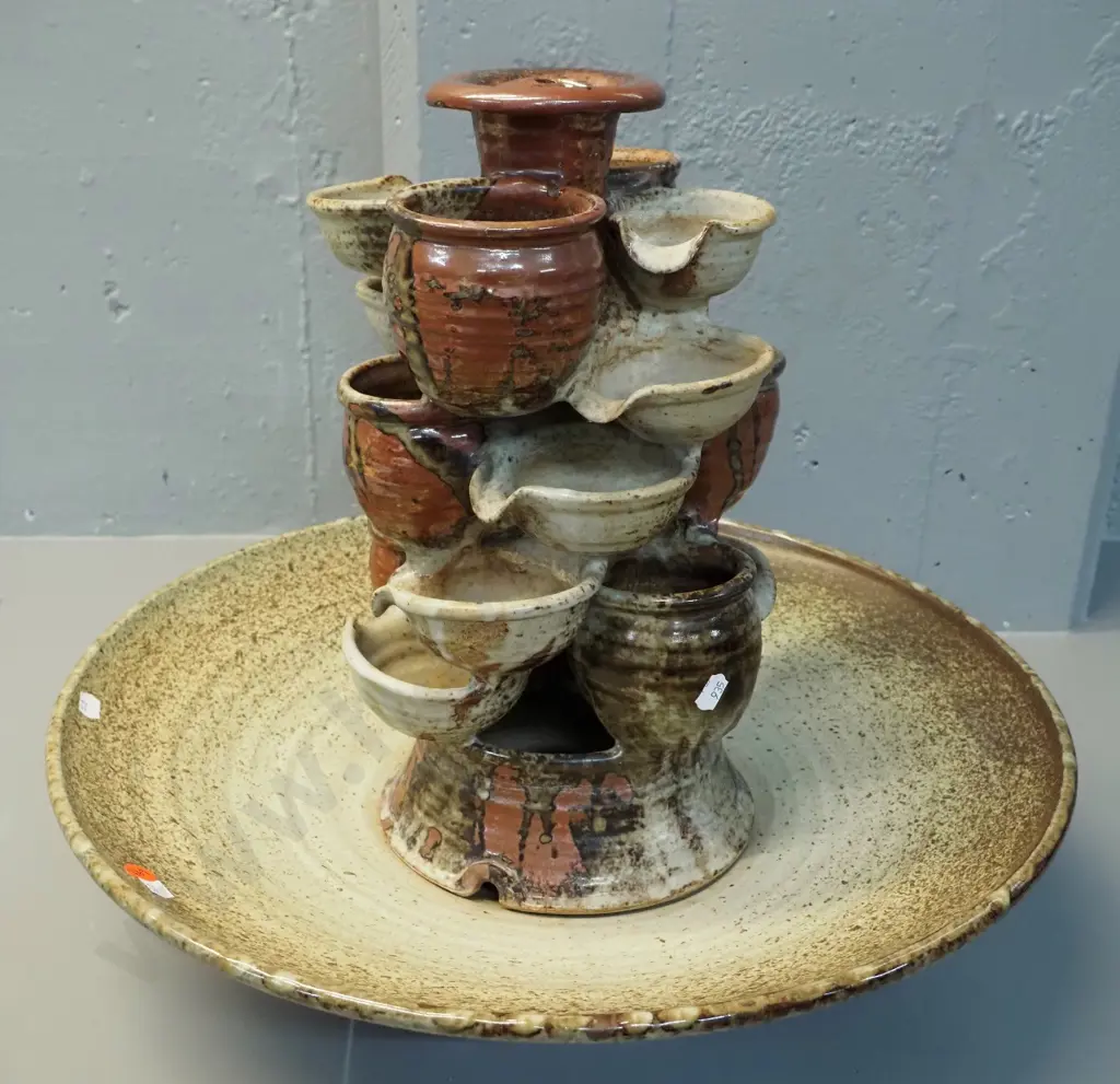 studio pottery 2-piece water feature fountain - unknown maker's mark. Needs new pump H-420 D-500 Image 1++