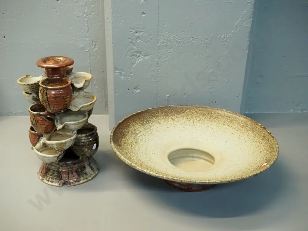 studio pottery 2-piece water feature fountain - unknown maker's mark. Needs new pump H-420 D-500 Image 1++