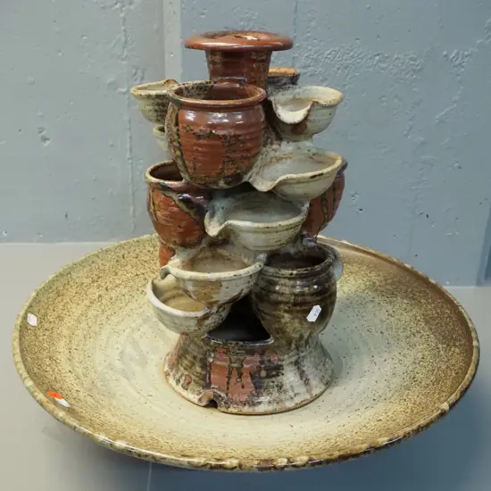 studio pottery 2-piece water feature fountain - unknown maker's mark. Needs new pump H-420 D-500