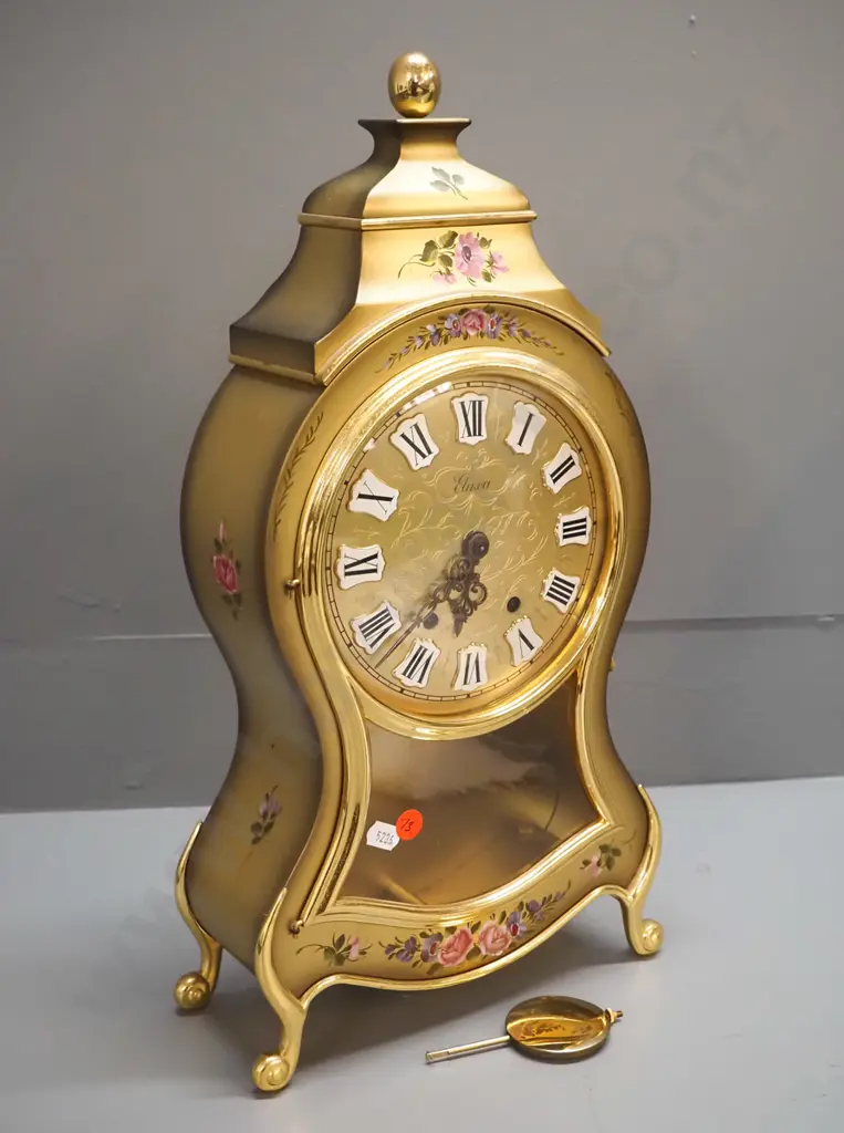 Eluxa pendulum mantel clock in brass and gold finish timber case with hand-painted decoration signed S. Sutter, no Image 1++
