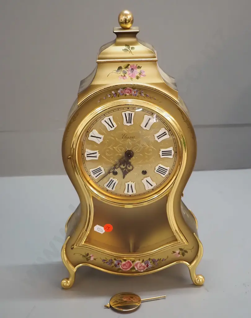 Eluxa pendulum mantel clock in brass and gold finish timber case with hand-painted decoration signed S. Sutter, no Image 1++