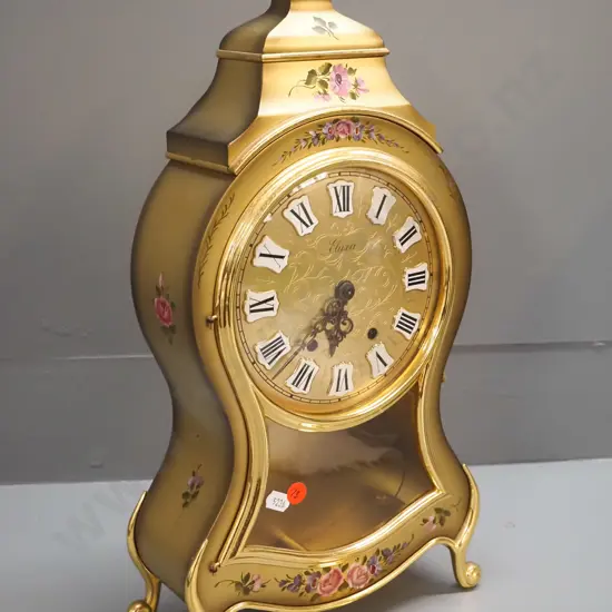 Eluxa pendulum mantel clock in brass and gold finish timber case with hand-painted decoration signed S. Sutter, no