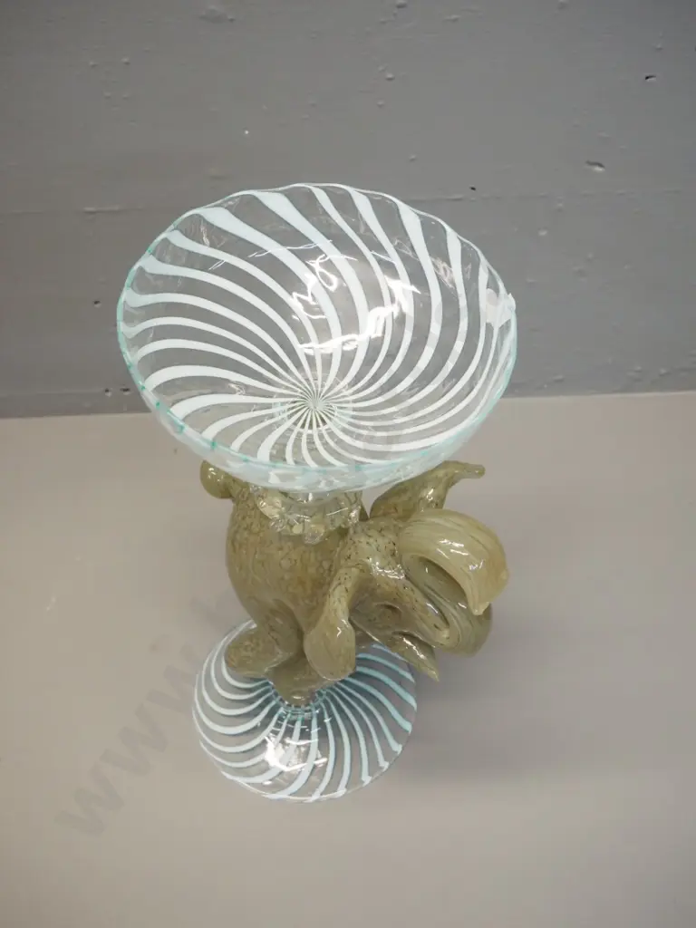art glass comport bowl w/ mottled elephant stem and swirled aqua and clear bowl & base - slight tilt H290 Image 1++