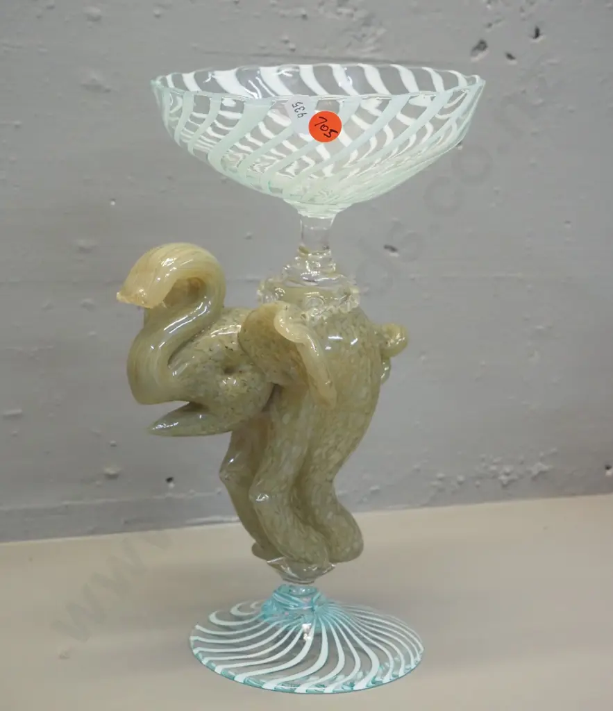 art glass comport bowl w/ mottled elephant stem and swirled aqua and clear bowl & base - slight tilt H290 Image 1++