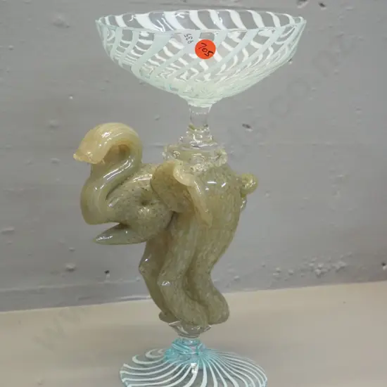 art glass comport bowl w/ mottled elephant stem and swirled aqua and clear bowl & base - slight tilt H290