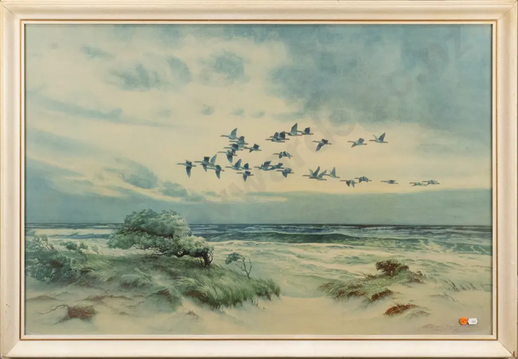 framed retro print - KE Olszewski "Geese Over the Coast" H-600 W-860 Image 1++