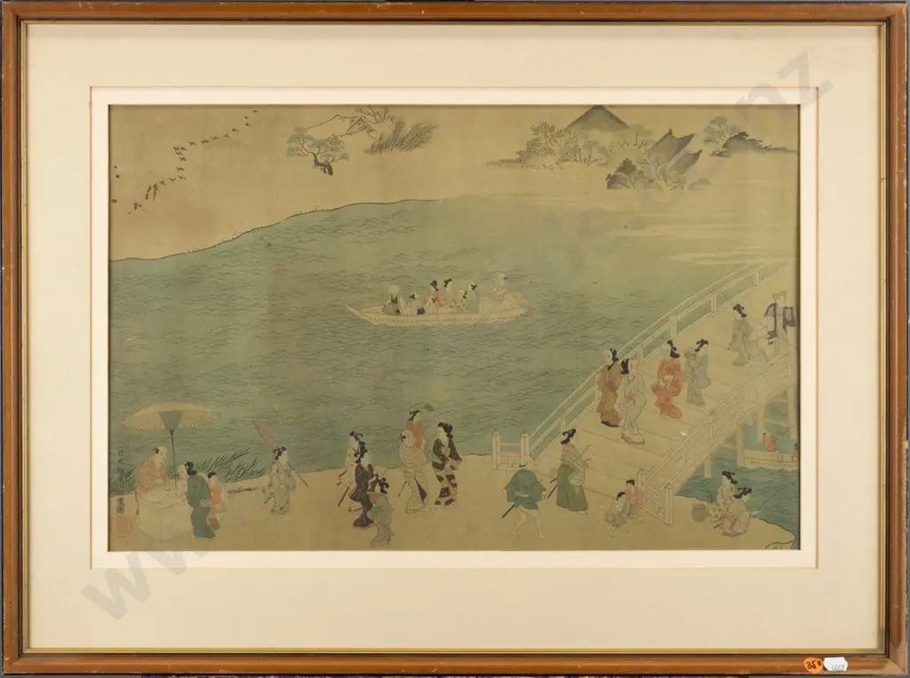 framed japanese print, river scene H-330 W-510 (creasing) - no glass Image 1++