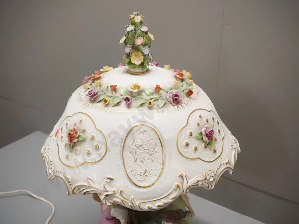 large Dresden style porcelain table lamp with figural base, floral shade, marked East Germany H-500 D-340 Image 1++