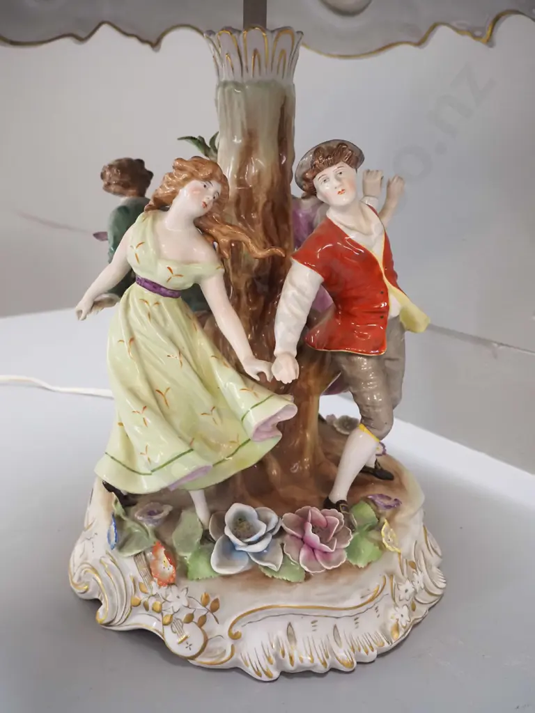 large Dresden style porcelain table lamp with figural base, floral shade, marked East Germany H-500 D-340 Image 1++