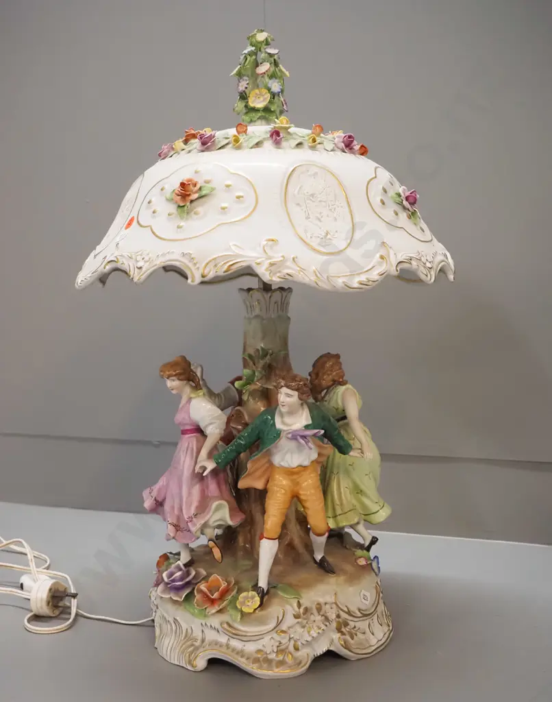 large Dresden style porcelain table lamp with figural base, floral shade, marked East Germany H-500 D-340 Image 1++