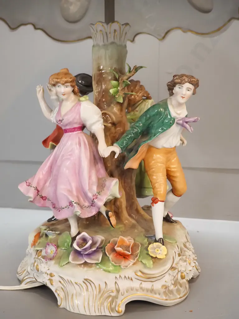 large Dresden style porcelain table lamp with figural base, floral shade, marked East Germany H-500 D-340 Image 1++