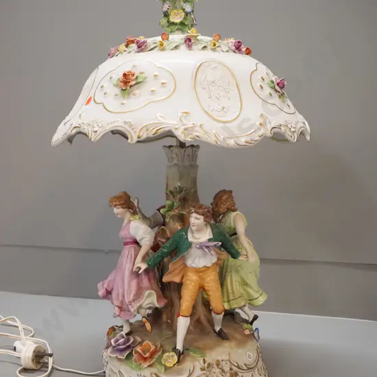 large Dresden style porcelain table lamp with figural base, floral shade, marked East Germany H-500 D-340